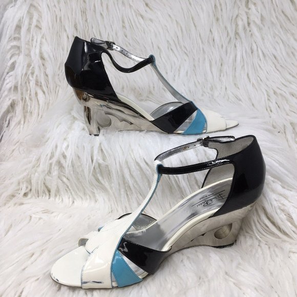 Emilio Pucci ColorBlock Patent Leather T strap Sandals Wedge Cut Out Heel READ - Picture 1 of 16